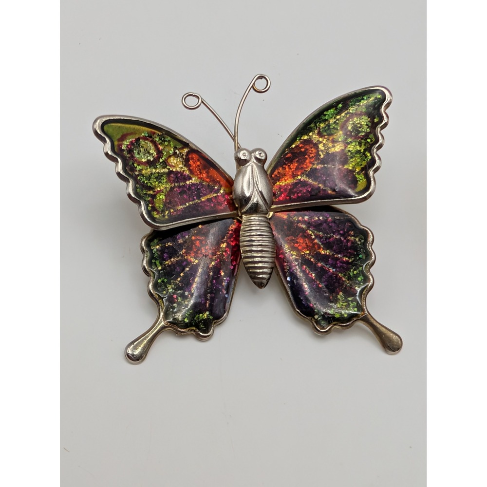 Vintage Foil Glitter Butterfly Brooch Lot 2 Gold Tone Jelly Belly Pin Set - Picture 2 of 11